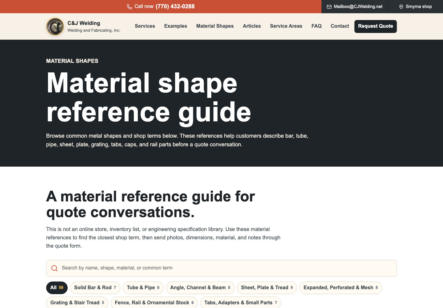 C&J Welding material shapes reference page preview.